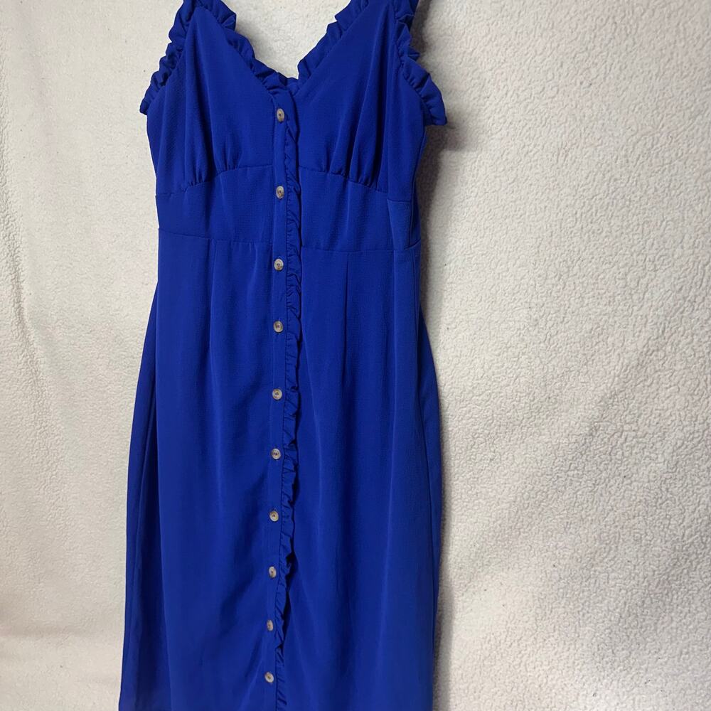 Cobalt Blue Ruffle Button Front Midi Dress Small Adjustable Strap - Picture 2 of 10